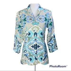 Connie Roberson Linen Jacket Blue Tan Print Small